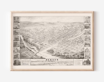 ANTIQUE DENVER MAP, Vintage Map of Denver Colorado, Old Map Print, Vintage Denver Map, Birds Eye View Map, Perspective Map