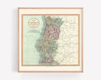 MAPPA ANTICA del PORTOGALLO, Arte murale antica, 1799, Stampa di viaggio vintage, Poster quadrato, Riproduzione