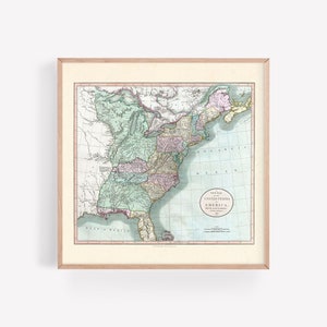 ANTIQUE AMERICA Karte, Antike Wandkunst, Frühe Amerikanische Karte, 1799, Neu England Reisedruck, quadratisches Poster, Früh Americana, Reproduktion
