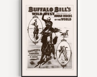 Pôster do Velho Oeste, Buffalo Bill, Cosaques du Caucase, 1905, Cowboycore, Westerncore, Arte Ocidental, Decoração para Quarto de Cabana
