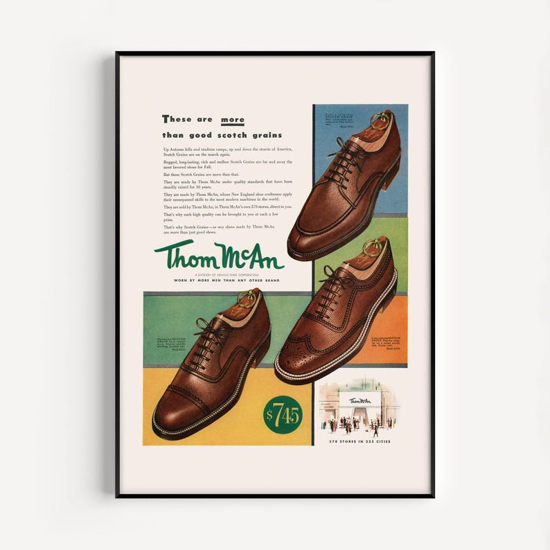 MEN'S FOOTWEAR AD, Vintage Ad Print, Leather Shoes Poster, Scotch Grain, 1950s, Classic Decor, Mid-Century Poster, Retro Shoes Poster image 1