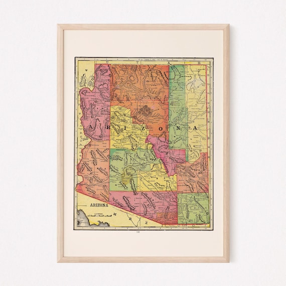 VINTAGE ARIZONA MAP Print Antique Wall Art, Vintage Map of Arizona, Arizona Travel Poster Arizona wall art Home decor Map Ribba