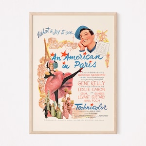 VINTAGE MOVIE POSTER, An American in Paris Movie Ad, 1950s Retro Ad, Film Poster, Fun Gene Kelly Movie Poster