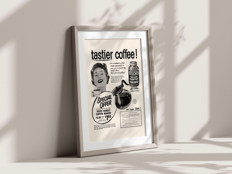 VINTAGE INSTANT COFFEE Ad, Retro Mid-Century Ad, Vintage Kitchen Poster, 1950s, Retro Kitsch Coffee Poster, Mid Century Wall Art image 3