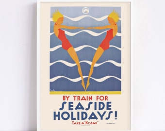 Aquatic Travel Poster, Retro Seaside Ad, 1930s Nautical Print Beach Poster Beach House Art Surf Poster Wall Art