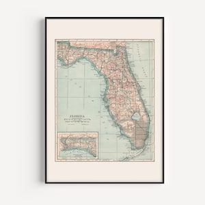 MAPA ANTIGUO DE FLORIDA, Mapa antiguo de Florida, Arte mural con mapas retro, Póster para aula de geografía, Regalo de viaje, Decoración de sala de estar, 1921