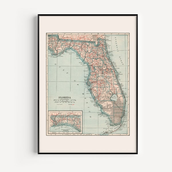 OLD FLORIDA MAP, Vintage Map of Florida, Retro Map Wall Art, Geography Classroom Poster, Travel Gift, Living Room Decor, 1921