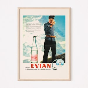 VINTAGE BOTTLED WATER Ad, Retro Water Advertisement, Fine art Poster Retro Mountain Climbing Poster French Alps Art Mid Century Art