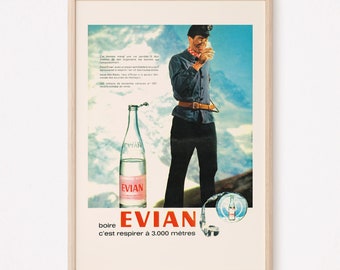 VINTAGE BOTTLED WATER Ad, Retro Water Advertisement, Fine art Poster Retro Mountain Climbing Poster French Alps Art Mid Century Art