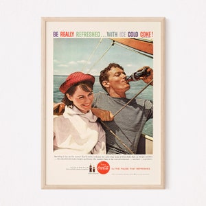 VINTAGE BOATING AD, Retro Mid-Century Cola Ad, Vintage Soda-Pop Poster, Sailing Poster, 1950s Retro Ad, Retro Home Decor,