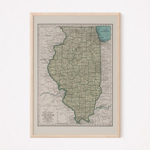 IMPRESSION DE CARTE DE L'ILLINOIS, carte vintage de l'Illinois, impression de carte ancienne, art mural vintage, carte ancienne, art mural historique