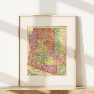 VINTAGE ARIZONA MAP Print Antique Wall Art, Vintage Map of Arizona, Arizona Travel Poster Arizona wall art Home decor Map Ribba image 3