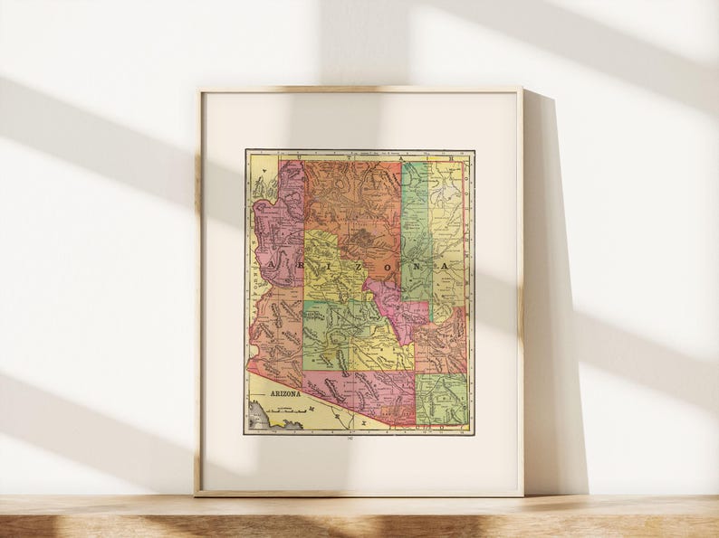VINTAGE ARIZONA MAP Print Antique Wall Art, Vintage Map of Arizona, Arizona Travel Poster Arizona wall art Home decor Map Ribba image 3