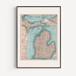 MICHIGAN MAP PRINT, Retro Dorm Decor, Vintage Apartment Decor, Vintage Map of Michigan, Library Corner Decor, Michigan State Poster, 1921