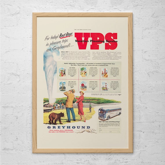 VINTAGE GREYHOUND BUS Ad Mid-Century Poster Garage Mechanic Retro Travel Ad