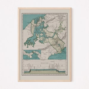 CARTE DU CANAL DE PANAMA, carte vintage du canal de Panama, impression de carte ancienne, art mural historique, décoration de salon