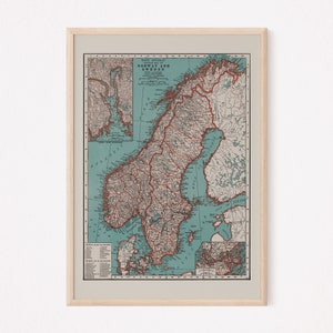NORVÈGE CARTE SUÈDE, carte, carte vintage de la Norvège et de la Suède, art mural carte vintage, affiche de carte rétro