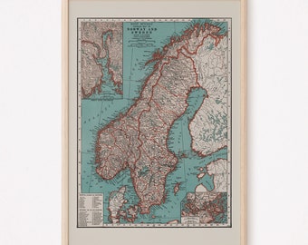 NORWAY MAP SWEDEN Map, Vintage Map of Norway and Sweden, Vintage Map Wall Art, Retro Map Poster