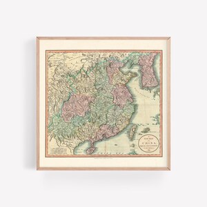 ANTIKE KARTE von CHINA, Antike Wandkunst, 1799, Chinesischer Reisedruck, Vintage Quadratisches Poster, Professionelle Reproduktion