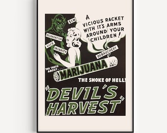 RETRO MARIJUANA POSTER, Devil's Harvest Movie Poster, High Quality Reproduction, Kitsch Movie Poster, 1940s, Exploitation Film Movie Poster