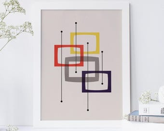 Impresión de arte geométrico minimalista de mediados de siglo con formas abstractas, impresión escandinava, diseño modernista, diseño estilo Eames, arte mural de los años 60