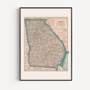 VIEILLE CARTE DE LA GÉORGIE, carte vintage de l'État de Géorgie, art mural carte rétro, affiche de classe de géographie, cadeau de voyage, décoration de bureau, 1921