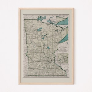 MAPPA VINTAGE DEL MINNESOTA, Mappa vintage dello stato del Minnesota, Stampa del Minnesota, Mappa del Minnesota da parete, Riproduzione di qualità