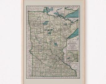 MINNESOTA VINTAGE MAP, Vintage Map of Minnesota State, Minnesota Print, Minnesota Map Wall Art, Quality Reproduction