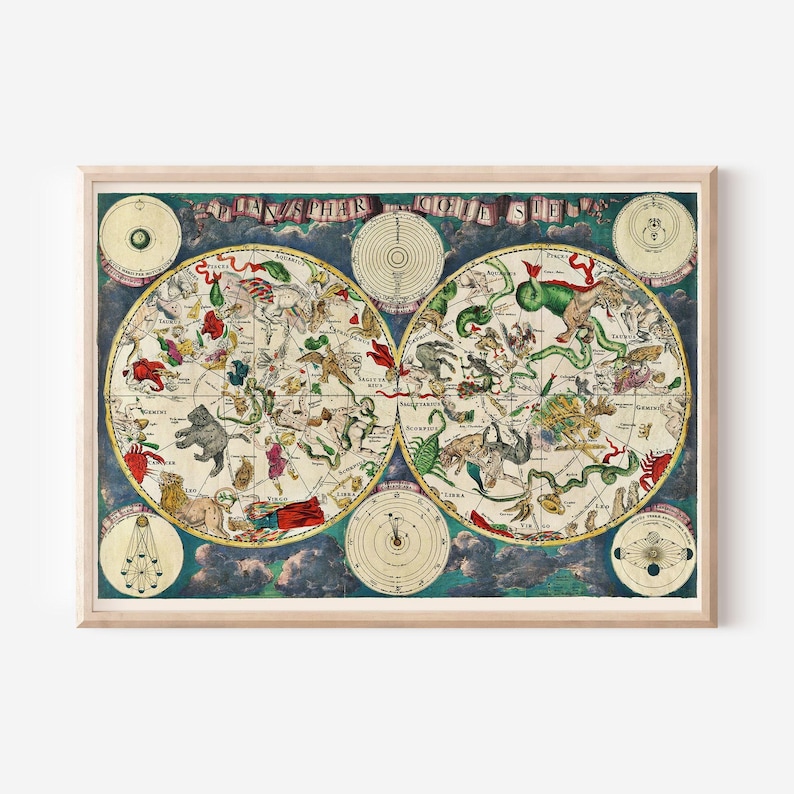ANTIQUE ZODIAC ART Print, Vintage Astrology Print, Zodiac Sign Gift, Moon Phases Print Horoscope art Zodiac Print Astrology Art image 1