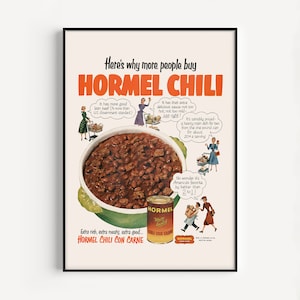 CHILI CON CARNE, Vintage Ad Print, Canned Chili Ad, Chili Poster, 1950s Beef Chili Print, Classic Decor, Mid-Century Poster, Retro Poster