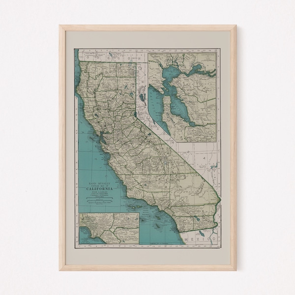 CARTE DE L'ÉTAT DE LA CALIFORNIE, carte vintage de la Californie, impression de carte ancienne, art mural historique, décoration de salle de séjour