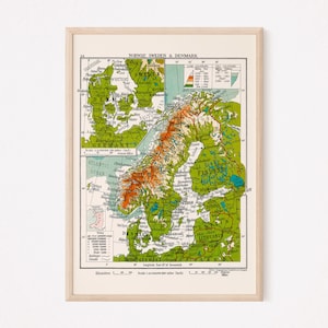 CARTE DE LA SCANDINAVIE VINTAGE, carte du Danemark vintage, carte de la Suède vintage, carte de la Norvège vintage, carte de la Scandinavie rétro