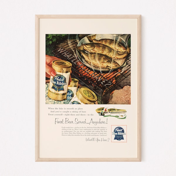 BEER CANS Ad, Retro Mid-Century BBQ Poster, Vintage Beer Poster 1950s Retro Ad Kitsch Poster Mad Men Party Retro Barbecue