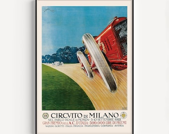ANTIQUE CAR POSTER, Circuito di Milano Car Ad Print, Race Car Poster, High Quality Reproduction, Italian Car Wall Art, Car History, 1922