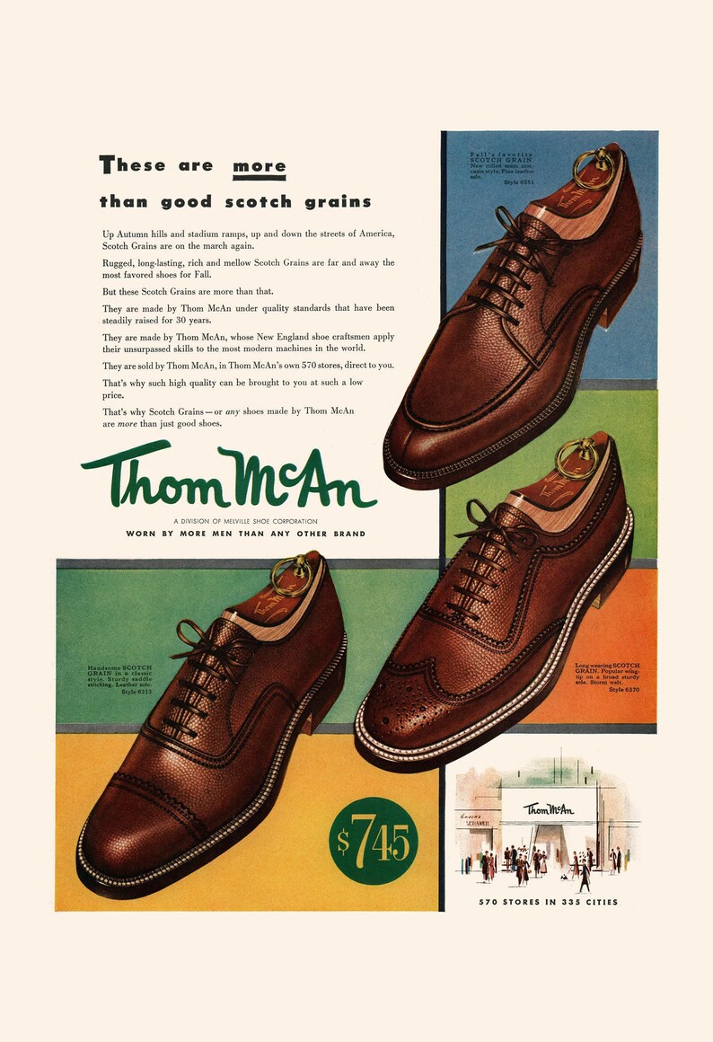 MEN'S FOOTWEAR AD, Vintage Ad Print, Leather Shoes Poster, Scotch Grain, 1950s, Classic Decor, Mid-Century Poster, Retro Shoes Poster image 8