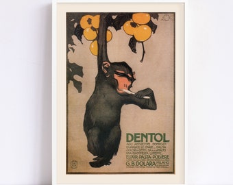 ITALIAN MONKEY POSTER, Toothpaste Ad, Antique Monkey Poster, Antique Advertising, Just Hanging, Classica Monkey Art, Retro Wall Art, 1914