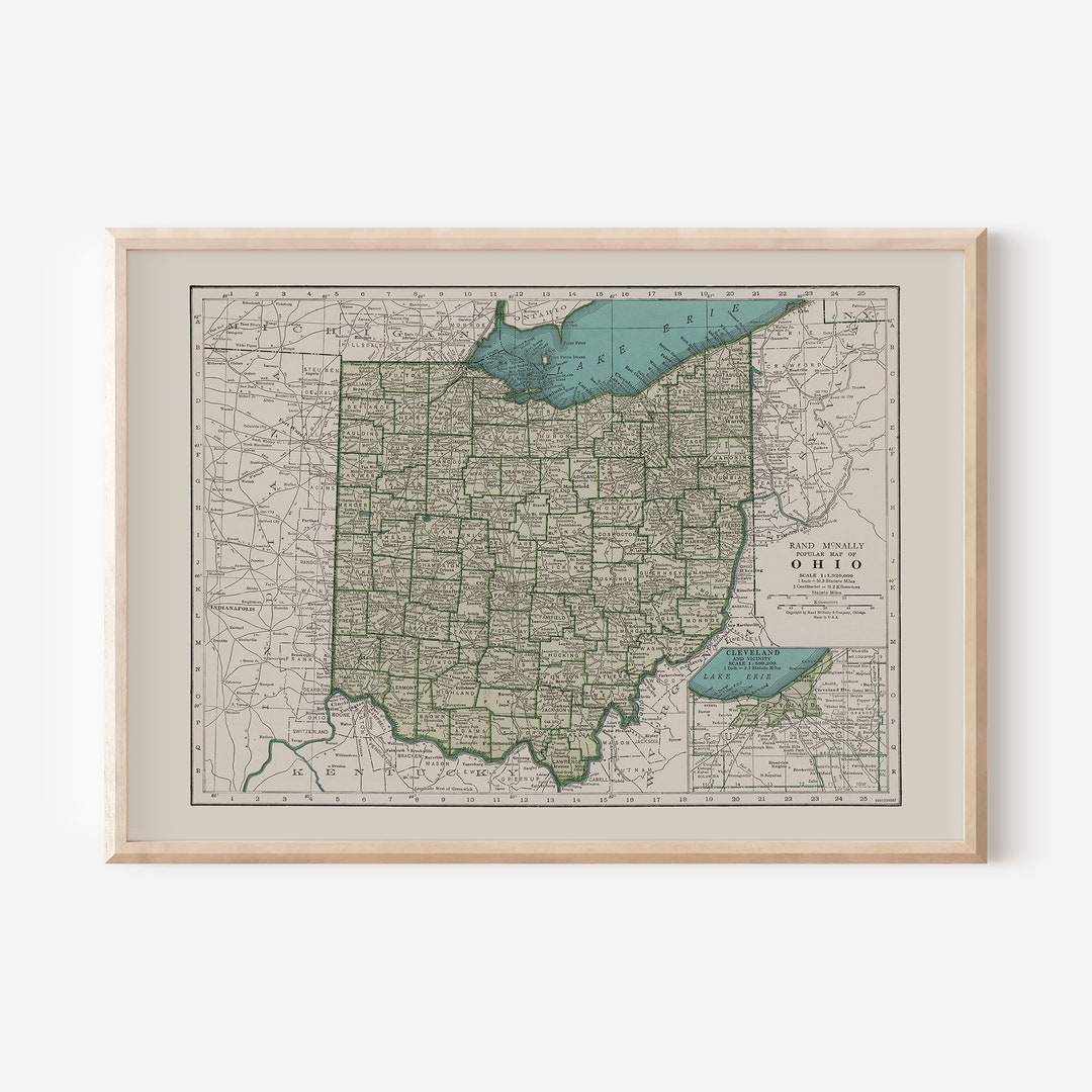 OHIO MAP PRINT, Vintage Map of Ohio State U.S.A., American State Map ...