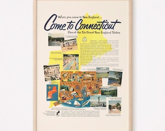 Connecticut RETRO TRAVEL AD, Retro Mid-Century Ad, Vintage Travel Ad, New England Travel Poster Vintage Travel Art Home Decor Wall Art