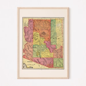 VINTAGE ARIZONA MAP Print Antique Wall Art, Vintage Map of Arizona, Arizona Travel Poster Arizona wall art Home decor Map Ribba