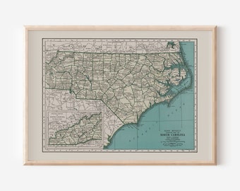 NORTH CAROLINA MAP, Vintage Map of North Carolina, North Carolina Wall Art, Vintage Poster, Travel Map, North Carolina Poster