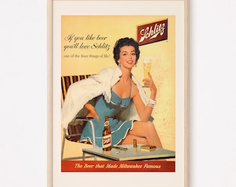 BEAUTIFUL WOMAN BEER Ad, Retro Beer Poster, Mid-Century