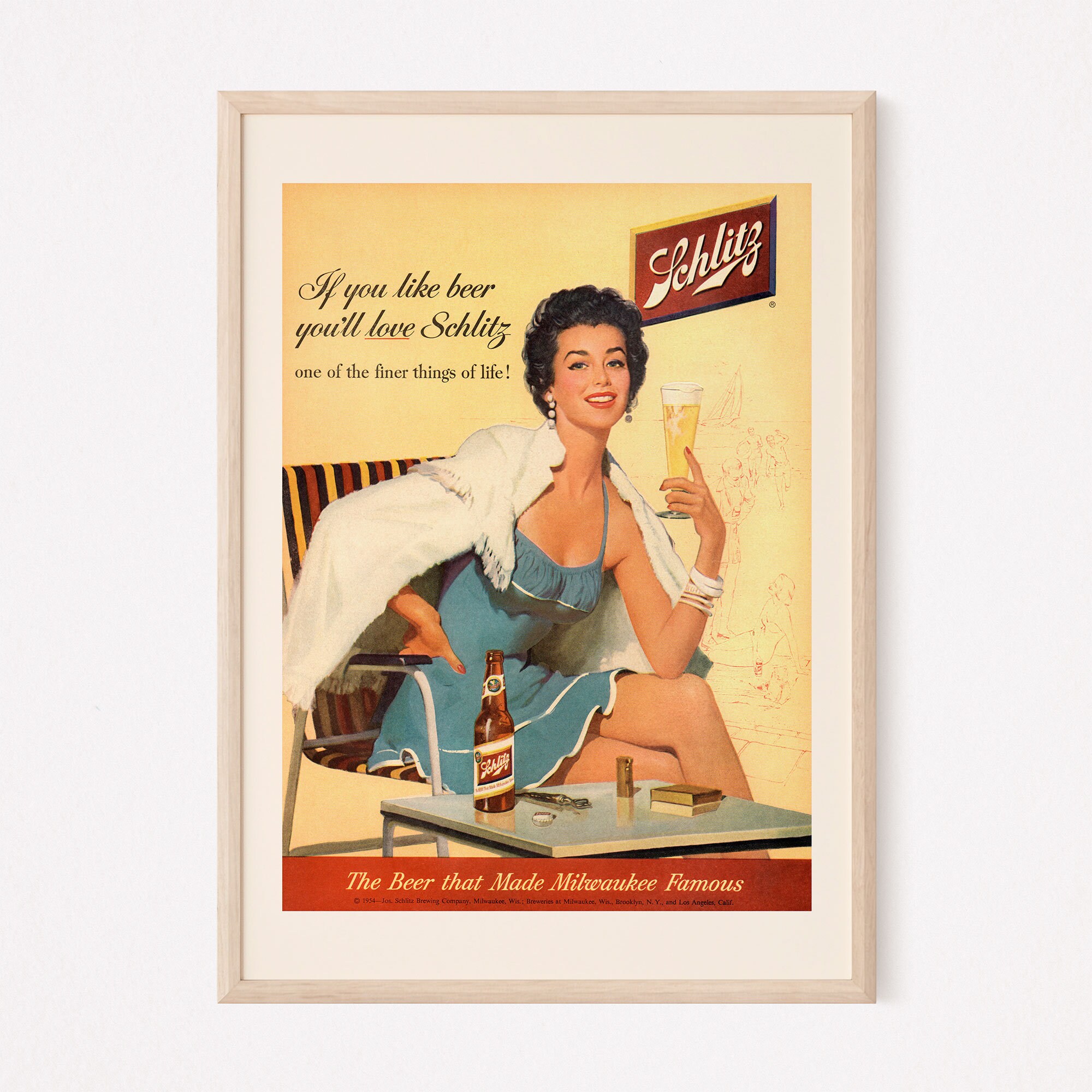 BEAUTIFUL WOMAN BEER Ad Retro Beer Poster Mid-century Poster