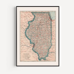 VIEILLE CARTE DE L'ILLINOIS, carte de l'état de l'Illinois, affiches de voyage, décoration d'intérieur vintage, carte vintage de l'état de l'Illinois, art mural carte rétro, 1921