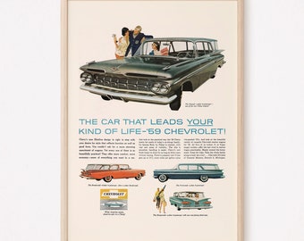 May include: A vintage advertisement for the 1959 Chevrolet featuring a green station wagon with a family inside. The text reads "The car that leads your kind of life - '59 Chevrolet!" and highlights the car's new design, practicality, and versatility.