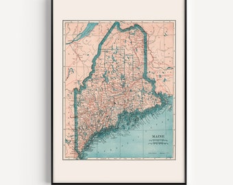 STAMPA DELLA MAPPA DEL MAINE, Mappa d'epoca del Maine, Mappa del New England, Arte della mappa retrò, Arredamento per la casa degli Stati Uniti orientali, Poster dello Stato del Maine, 1921