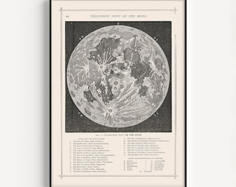 ANTIQUE MOON PRINT, Vintage Moon Map, Professional Reproduction, Vintage Lunar Map of the Moon Antique Celestial Map Moon Map Chart