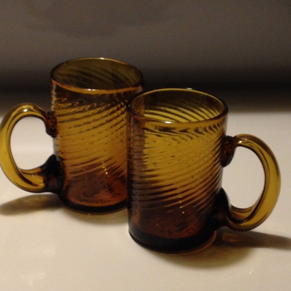 Mexican Amber Glass Mugs, Hand Blown, Optic Swirl, Applied Handles Rough Pontil, Mid Century Rustic Art Glass