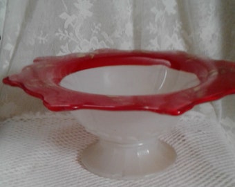 Art Deco Moderne Classic Cased Glass Pedestal Bowl, White, Red, Gold Indiana Glass 1928-34 Collectible Centerpiece, Console Bowl