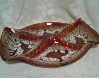 USA Pottery Ashtray, Large Centerpiece, Brown, Cream Drip Glaze, 70s Boho Living Decor Ceramic, Chocolate and Caramel Brown Tobacciana