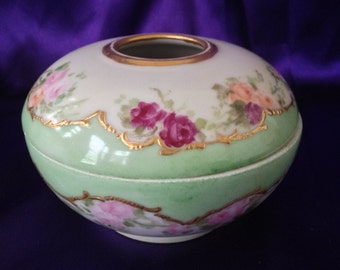 Antique A K France Limoges Hair Receiver Hand Painted Porcelain 1890s - 1910, Rose Floral, Gold Embellished Mint Green and Ivory Porcelain